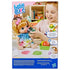 Baby Alive box back showing child feeding the doll with teal cup, fruit accessories, and illustrated instructions for juicing and diaper-change play modes.