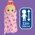 Baby Alive Harper Hugs wrapped in pink heart-print blanket beside size graphic showing the eleven-inch doll, emphasizing cuddly styling play against a bold purple background.