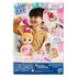 Baby Alive Harper Hugs package back showing doll, accessories and play ideas like washing, swaddling and styling, all set against a pink bubbly illustrated backdrop.