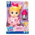 Baby Alive Harper Hugs packaged doll wrapped in pink heart-print blanket with included bottle and comb visible through display window, set on purple bubbly branding background.