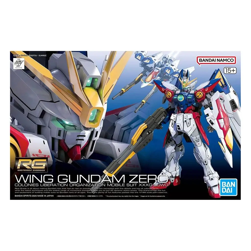Bandai RG Wing Gundam Zero model kit packaging front showcases close-up artwork of the Gundam’s face and full-body pose with rifle and wings extended, over a blue gradient background with Bandai Namco branding.