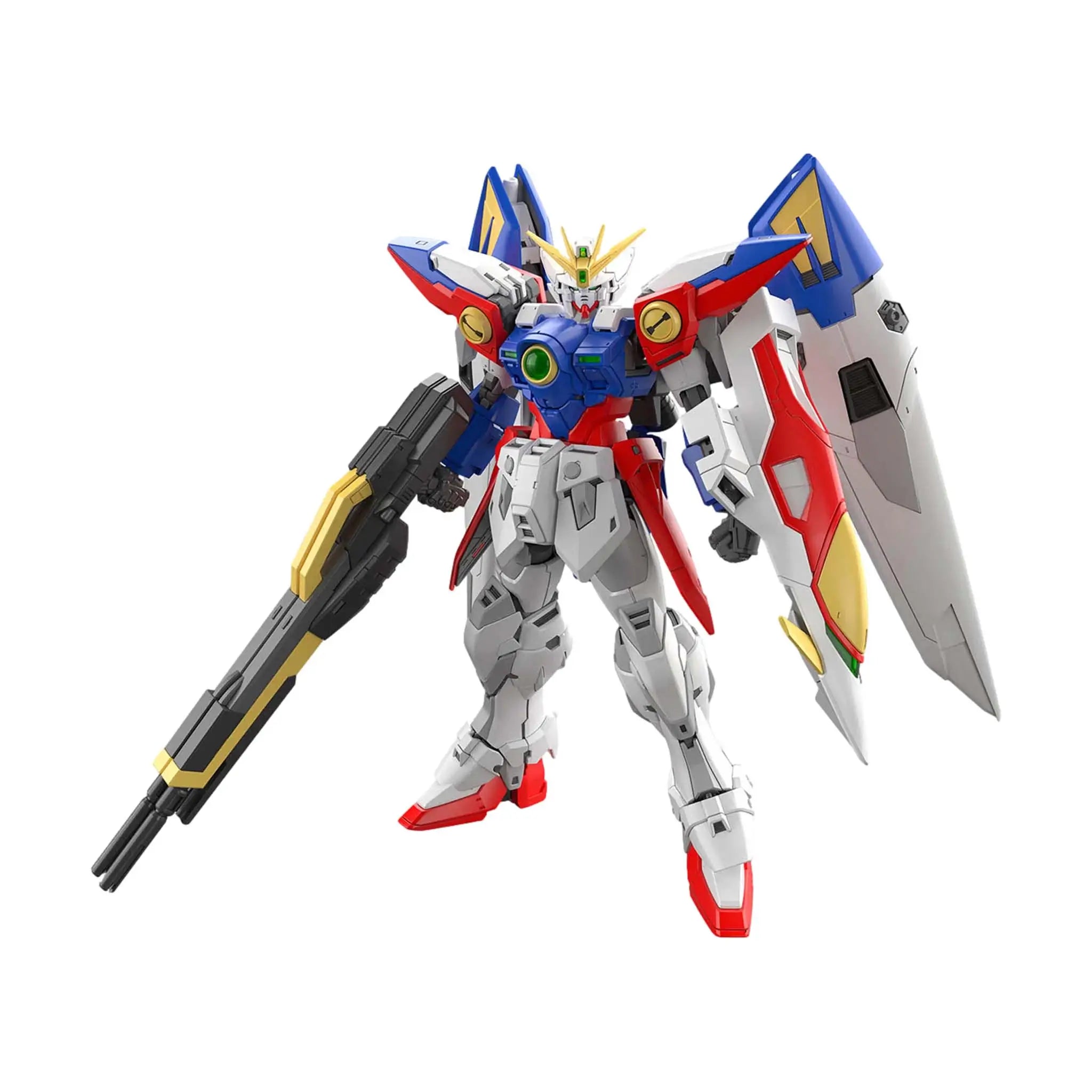 Bandai RG Wing Gundam Zero model kit figure shows white, red and blue mechanical armor with gold V-fin and oversized wing shields, posed holding a long buster rifle against a clean white background.
