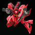 Bandai RG MSN-04 Sazabi model kit poseable shot captures the mobile suit lunging with missile pods open, black shield lifted and rifle aimed, emphasizing articulation and layered red armor plating.