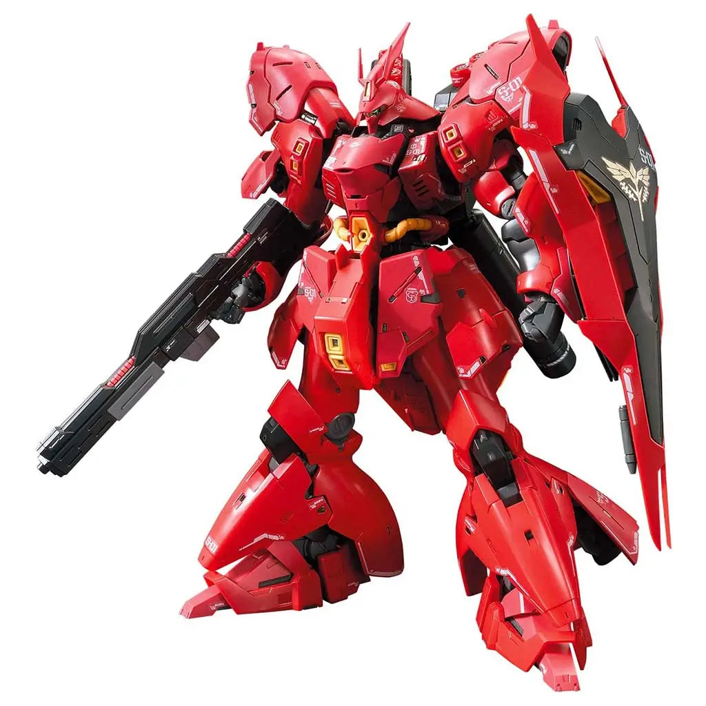 Bandai RG MSN-04 Sazabi model kit shows vivid red armored mobile suit with black shield, gold collar piping and a long rifle, posed forward to highlight mechanical detailing and bold, heavy proportions.