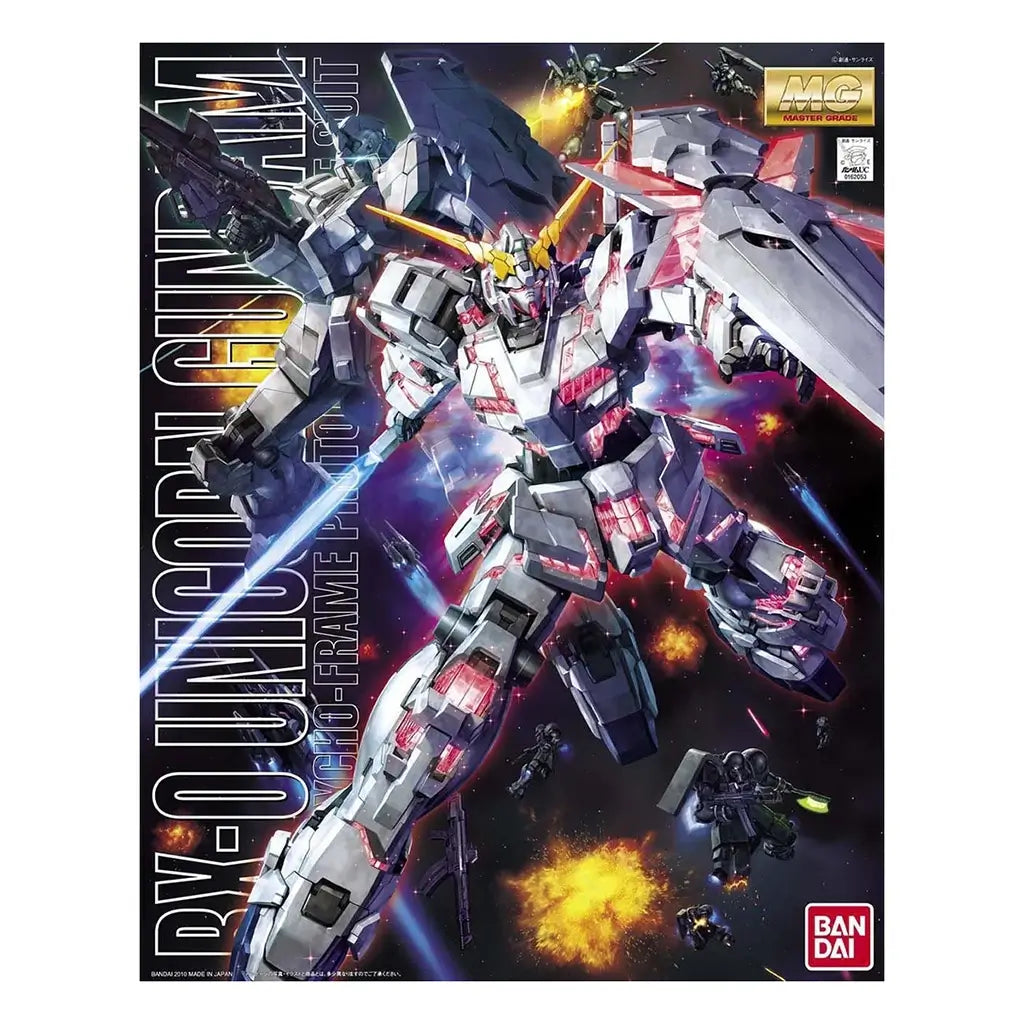 Bandai RX-0 Unicorn Gundam Master Grade kit box art showing bright white armor with glowing red psycho-frame lines, dynamic mech form in space battle scene, highlighting action-focused model features.