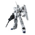 Bandai RX-0 Unicorn Gundam model kit in white plastic armor with angular mech shaping, equipped with rifle and shield, standing in a neutral pose against a clean white backdrop for display collectors.