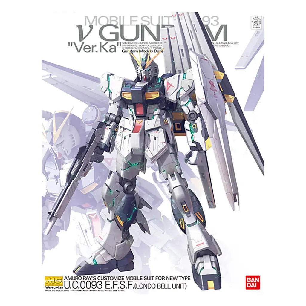 Bandai RX-93 Nu Gundam Ver Ka model kit box displays vivid illustrated white armor, green psycho-frame accents, and the full fin-funnel array set against a light graphic background with product text.