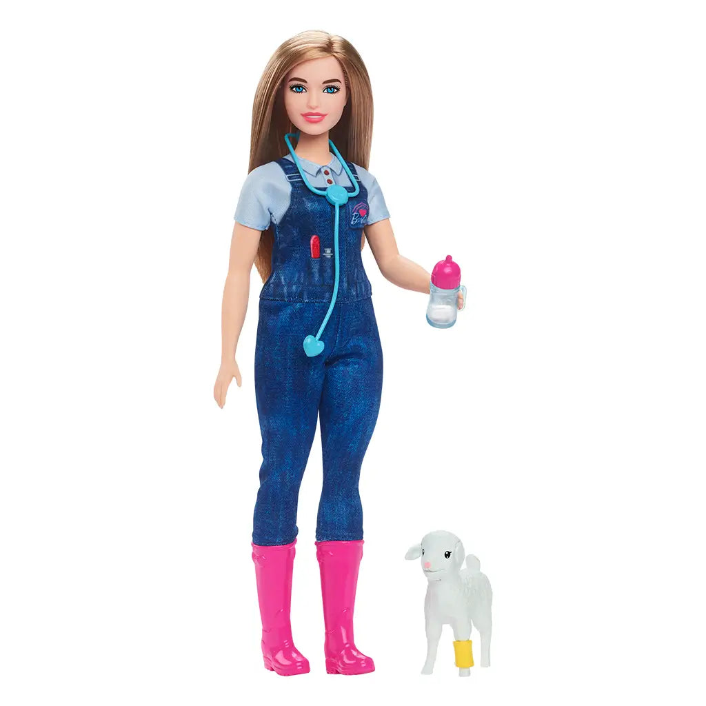 Barbie Careers Farm Vet doll dressed in blue overalls and pink boots with stethoscope and feeding bottle, posed beside lamb toy with yellow leg cast accessory.