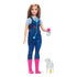 Barbie Careers Farm Vet doll dressed in blue overalls and pink boots with stethoscope and feeding bottle, posed beside lamb toy with yellow leg cast accessory.