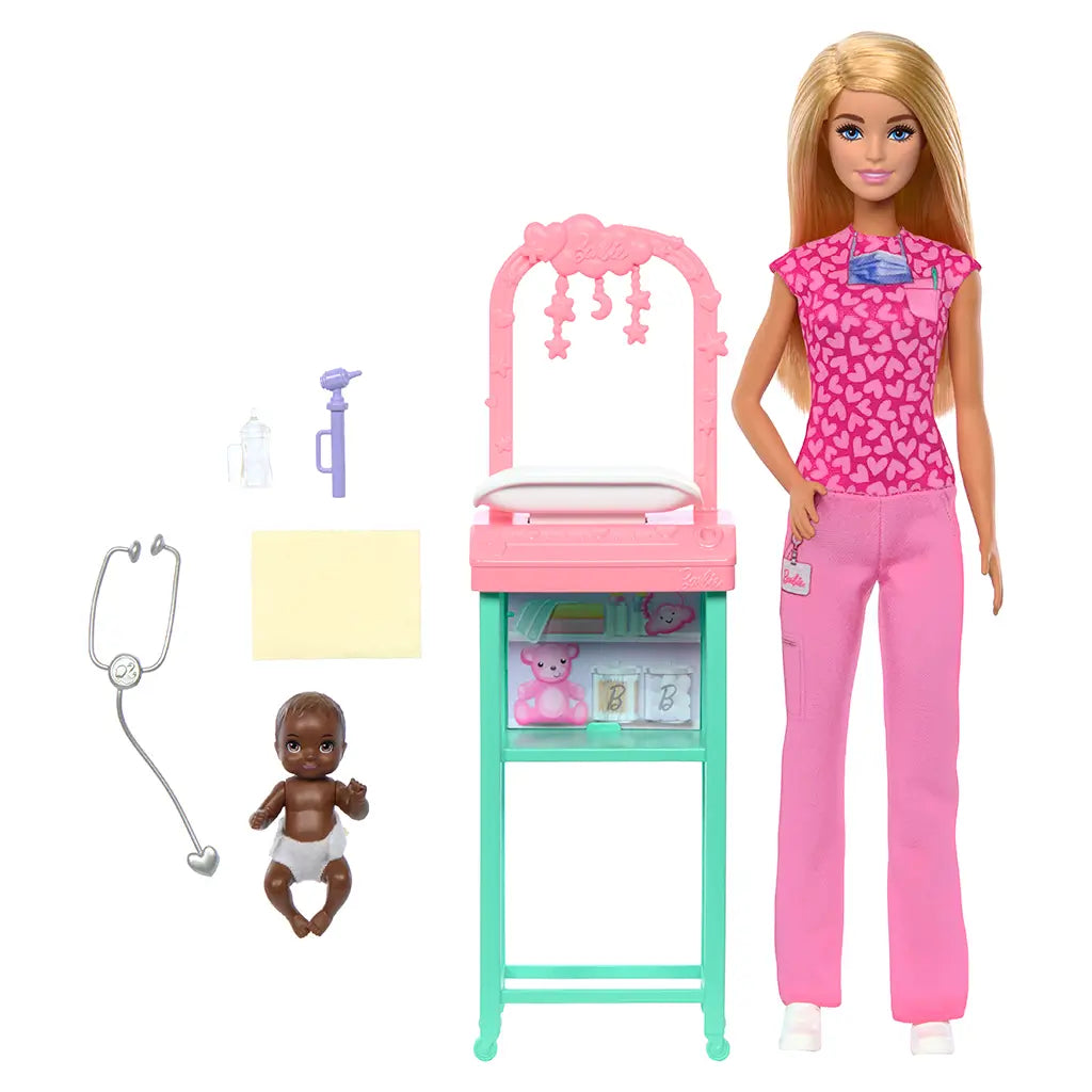 Barbie baby doctor playset featuring blonde doll in pink scrubs, infant doll in diaper, stethoscope, bottle, exam table, and nursery accessories designed for imaginative medical role-play.