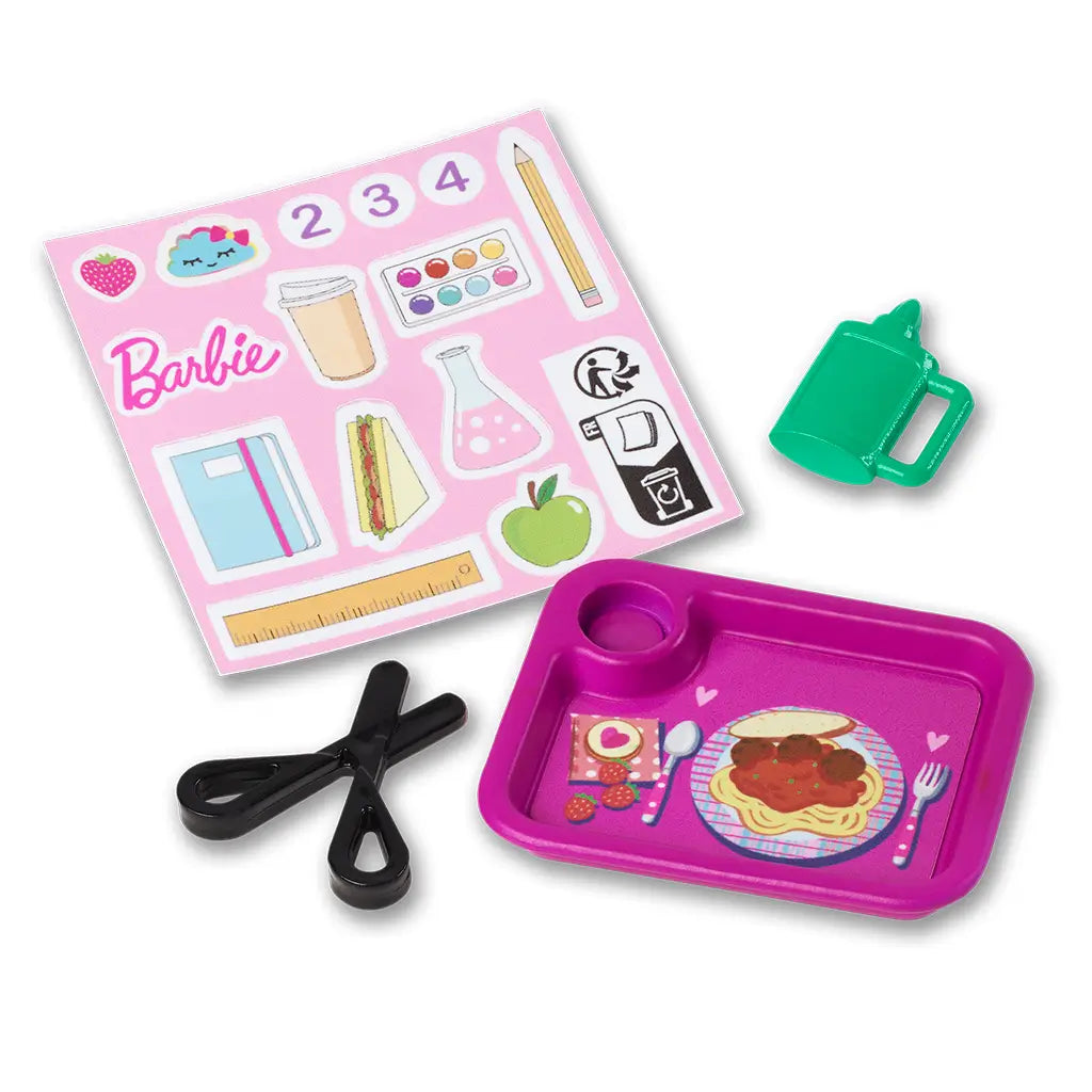 Barbie baby doctor set with pink scrubs doll, infant doll, stethoscope, medical tools, bottle, and pastel exam table play station, encouraging nurturing and imaginative play.