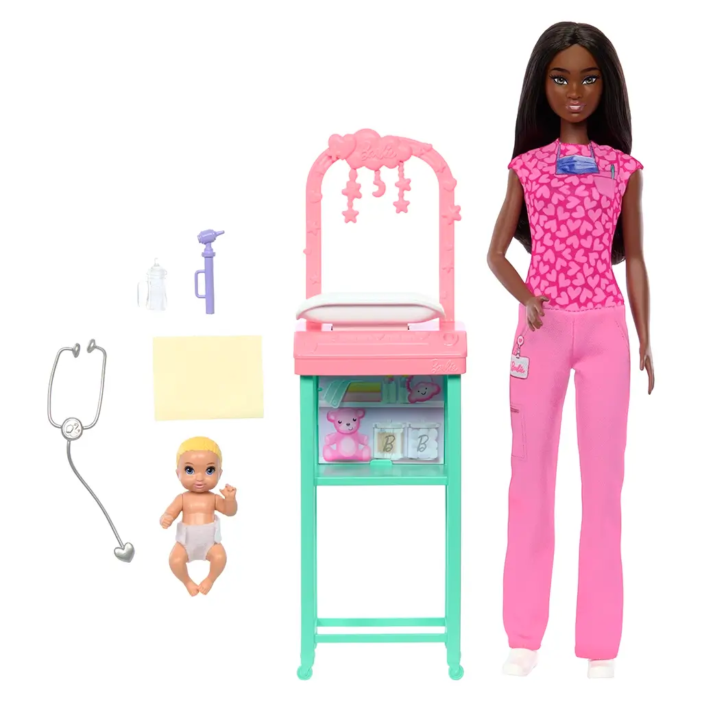 Complete Barbie Baby Doctor playset includes brunette Barbie doll in scrubs, baby doll, stethoscope, crib station, baby bottle, and medical accessories for creative doctor roleplay.