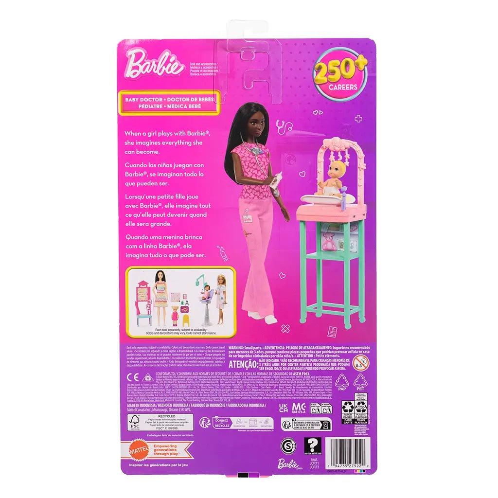 Back of Barbie Baby Doctor packaging shows the doll in pink scrubs with baby doll and nursery station, featuring multilingual text promoting Barbie careers and roleplay playsets.