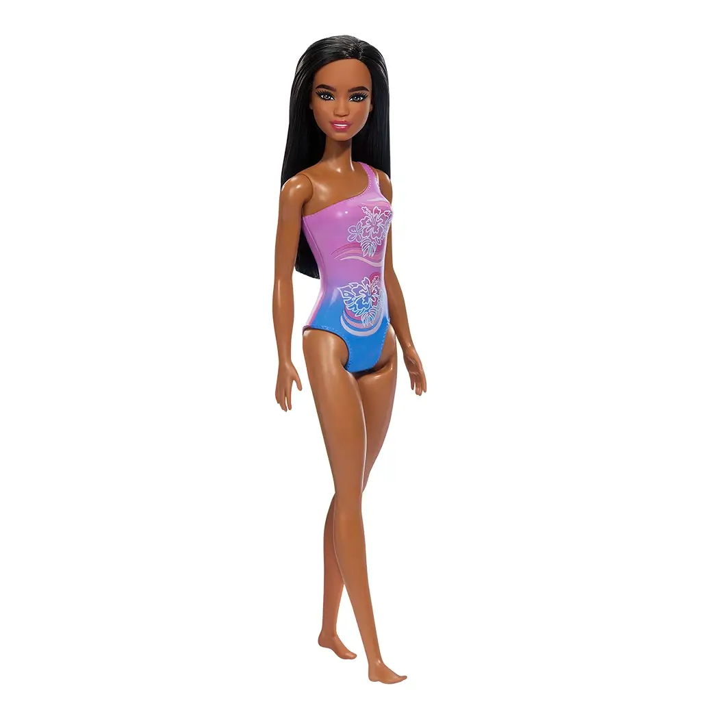 Barbie doll shown full-length with sleek dark hair, wearing a tropical purple one-shoulder swimsuit with hibiscus details, posed against a plain white background.