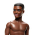 Barbie Beach Ken doll with deep brown skin tone, short textured brown hair, and friendly smile, shown shirtless to highlight sculpted physique and realistic face detailing.