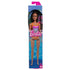 Barbie doll in orange and pink swimsuit with floral design, packaged in a box with a pool background. Suitable for ages 3 and up. Mattel brand.