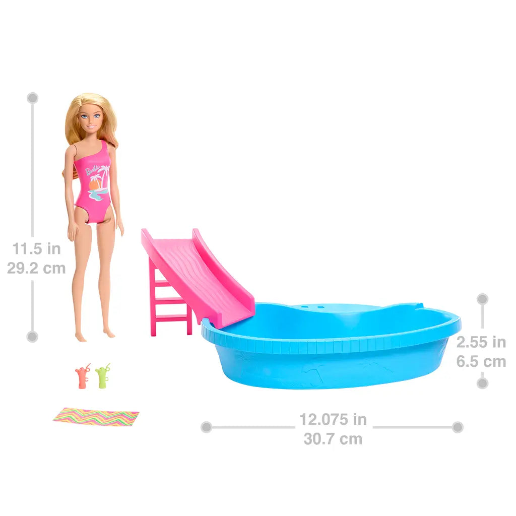 Barbie playset with blonde doll in pink swimsuit, bright blue plastic pool with pink slide, towel, and accessories, shown with labeled dimensions for accurate scale.