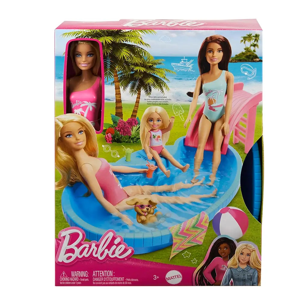 Barbie pool playset in retail packaging featuring dolls in colorful swimsuits with blue pool, pink slide, accessories, and illustrated beach background scene for display.