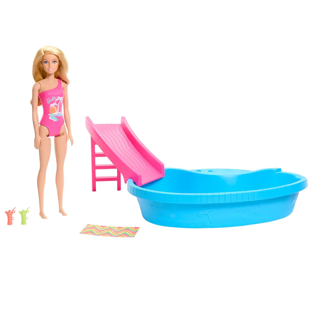 Barbie pool playset with blonde doll in printed pink swimsuit, molded blue pool with pink slide, striped towel, and two drink accessories on white background.
