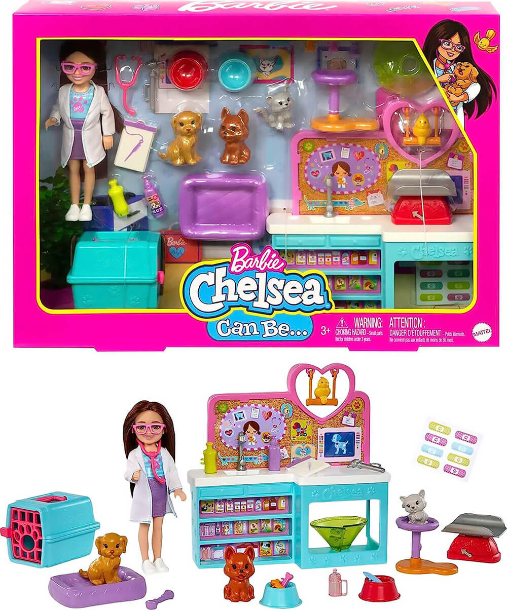 Barbie Chelsea Doll and Pet Vet Playset and packaging