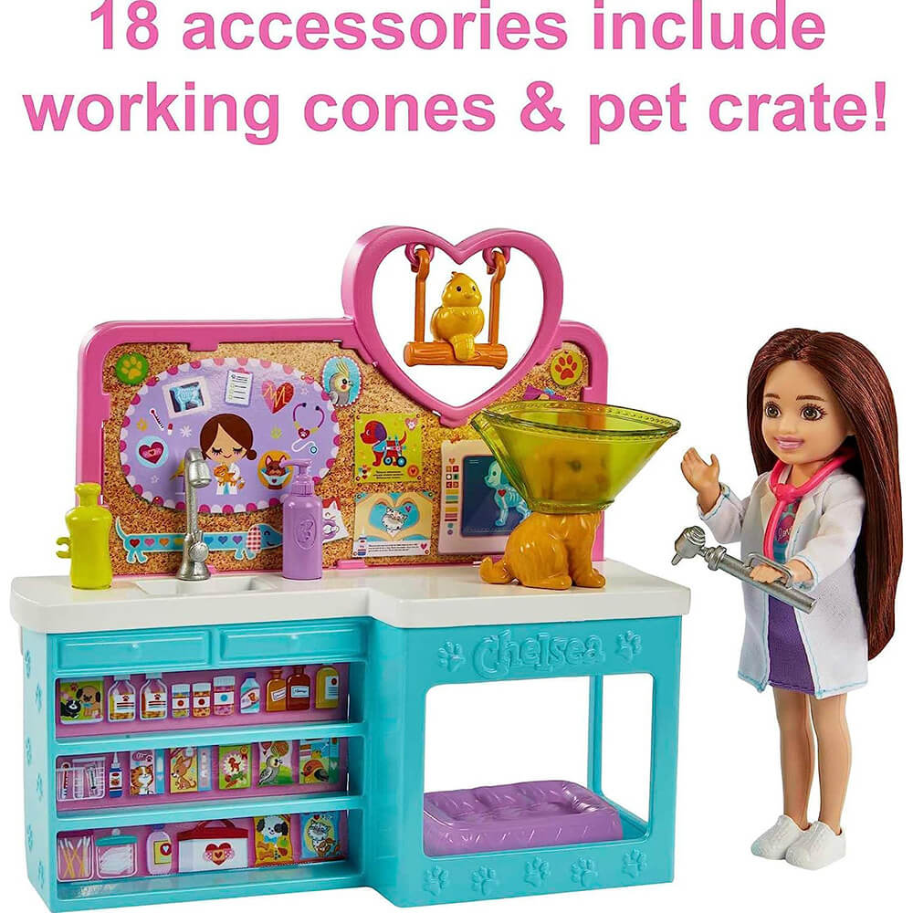 18 accessories are included with the Barbie Chelsea Doll and Pet Vet Playset as well as working cones and a pet crate