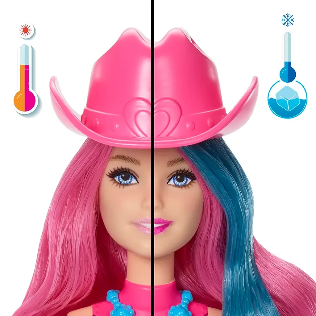 Close-up of Barbie Color Reveal doll’s face shows hair color transformation from pink to blue under temperature change, wearing a pink cowboy hat and turquoise necklace.