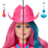Close-up of Barbie Color Reveal doll’s face shows hair color transformation from pink to blue under temperature change, wearing a pink cowboy hat and turquoise necklace.