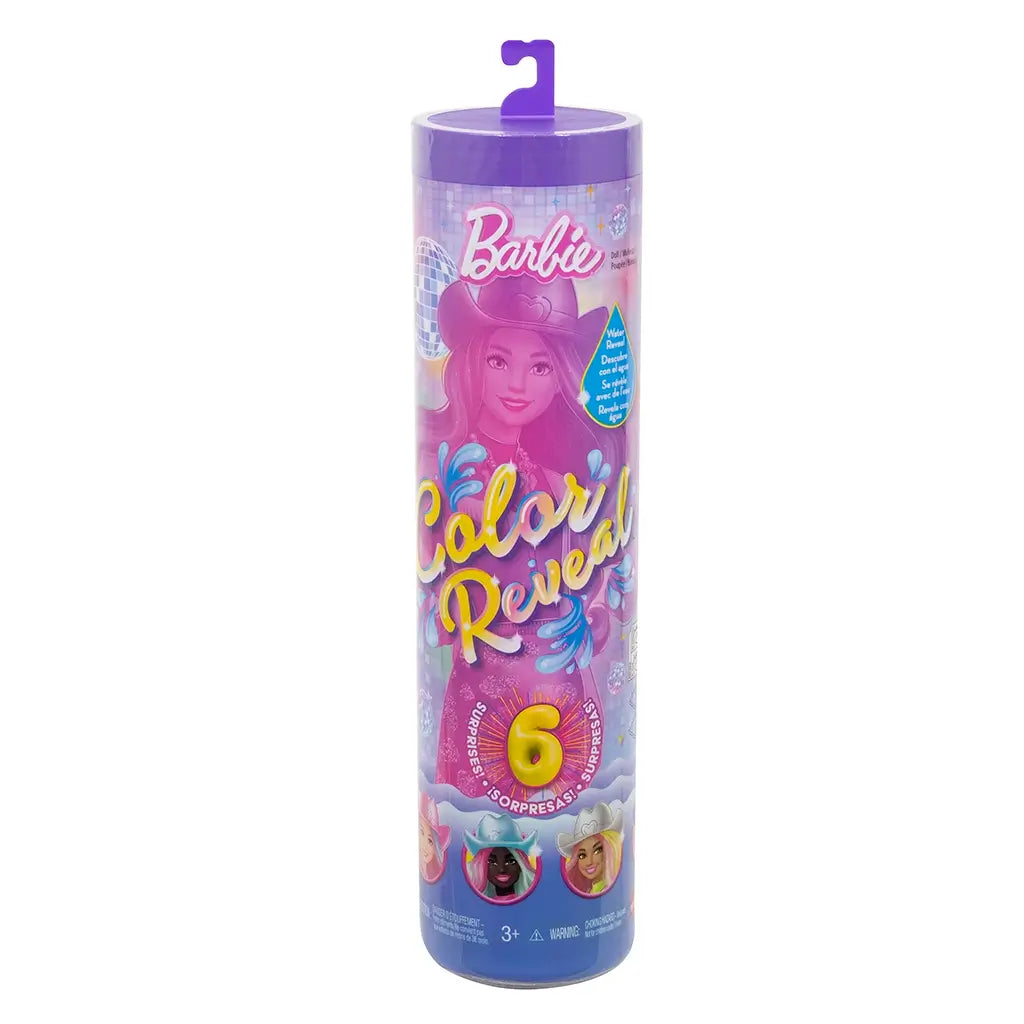 Tall cylindrical Barbie Color Reveal package in purple and pink with illustrated cowgirl design, promoting six included surprises and showing images of possible doll variations.