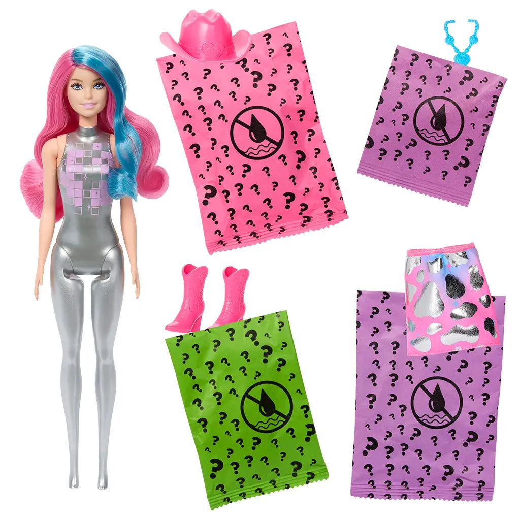 Barbie Color Reveal doll with pink and blue hair stands beside colorful surprise bags containing a pink cowboy hat, boots, necklace, and pink-blue patterned skirt accessories.