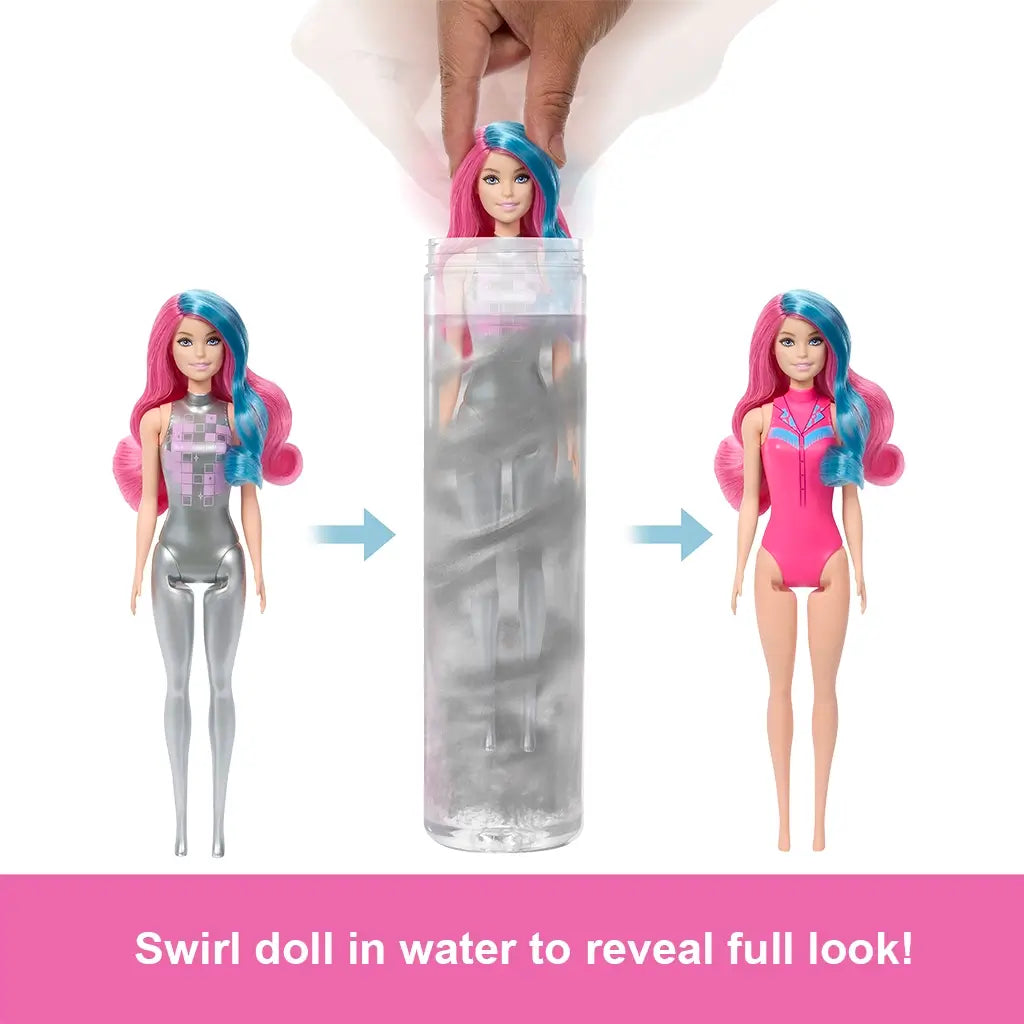 Barbie Color Reveal doll with pink and blue hair transforms from silver coating to bright pink swimsuit as it is swirled in a clear tube of water, showing before and after looks.