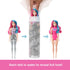 Barbie Color Reveal doll with pink and blue hair transforms from silver coating to bright pink swimsuit as it is swirled in a clear tube of water, showing before and after looks.