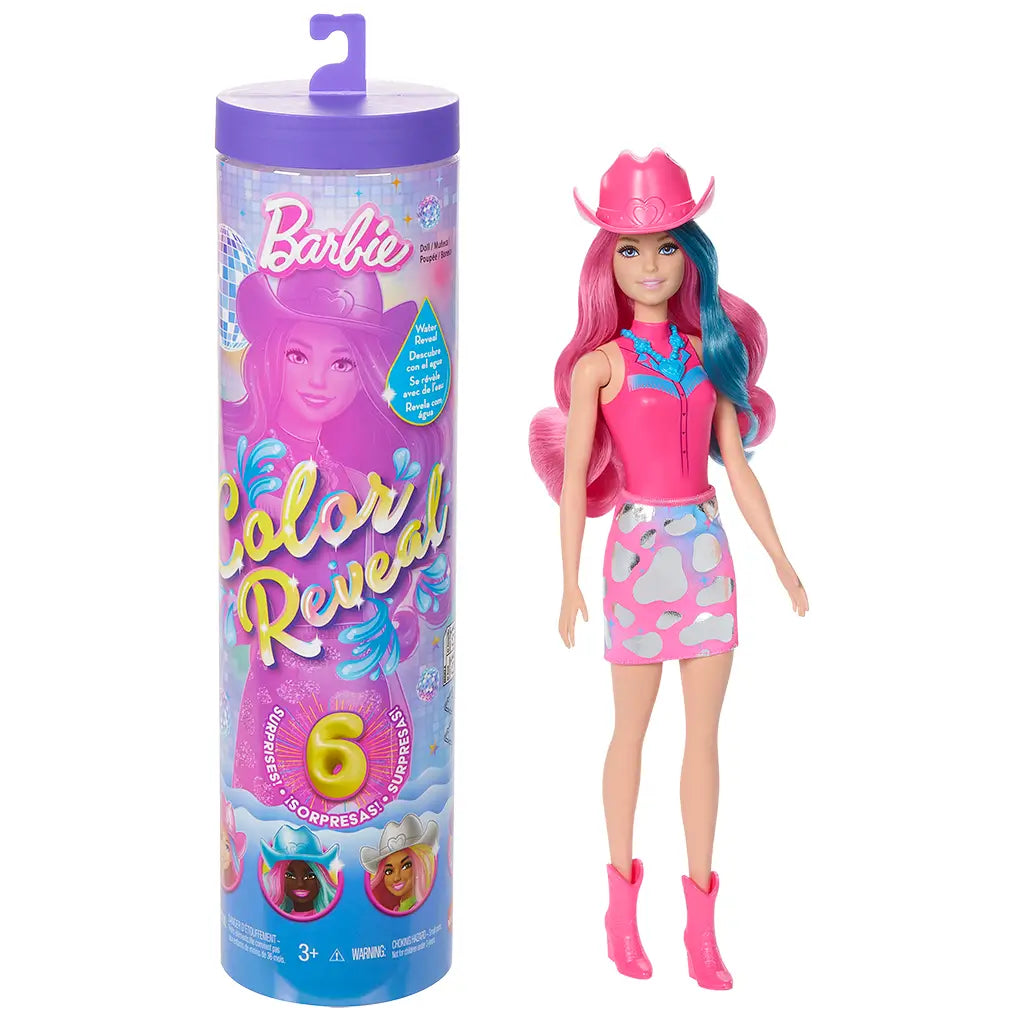 Barbie Color Reveal doll with pink and blue hair wears a pink cowboy hat, pink boots, and pink-blue patterned skirt, posed next to its tall purple-lidded cylindrical package.