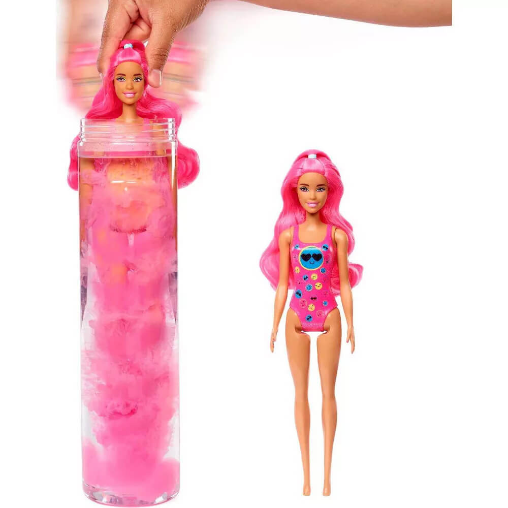 Hand shown placing doll in the tube of the Barbie Color Reveal Doll Surprise Tube. and doll shown after.