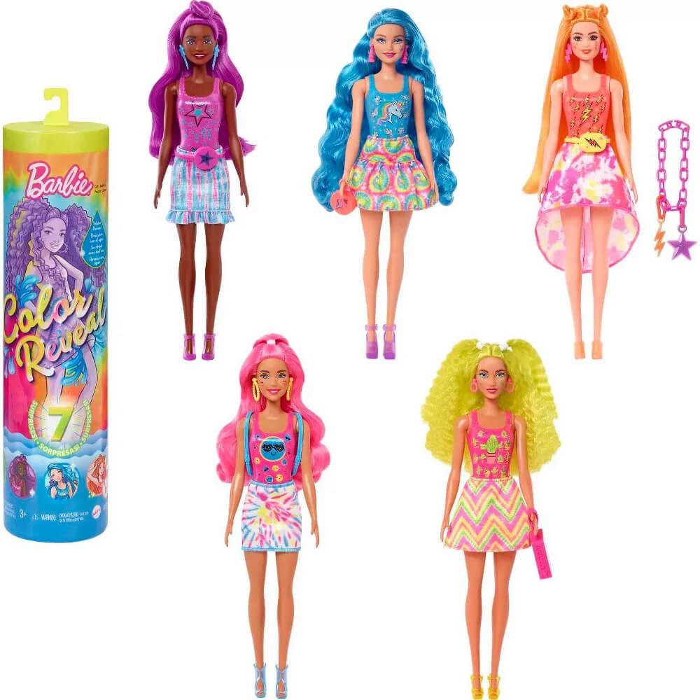 Barbie Color Reveal Doll Surprise Tube aqnd the possible dolls you can get in the tube