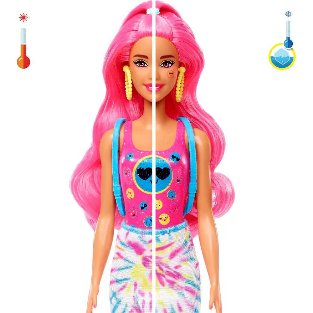 The barbie from the Barbie Color Reveal Doll Surprise Tube shown here with what happens with got and cold water 