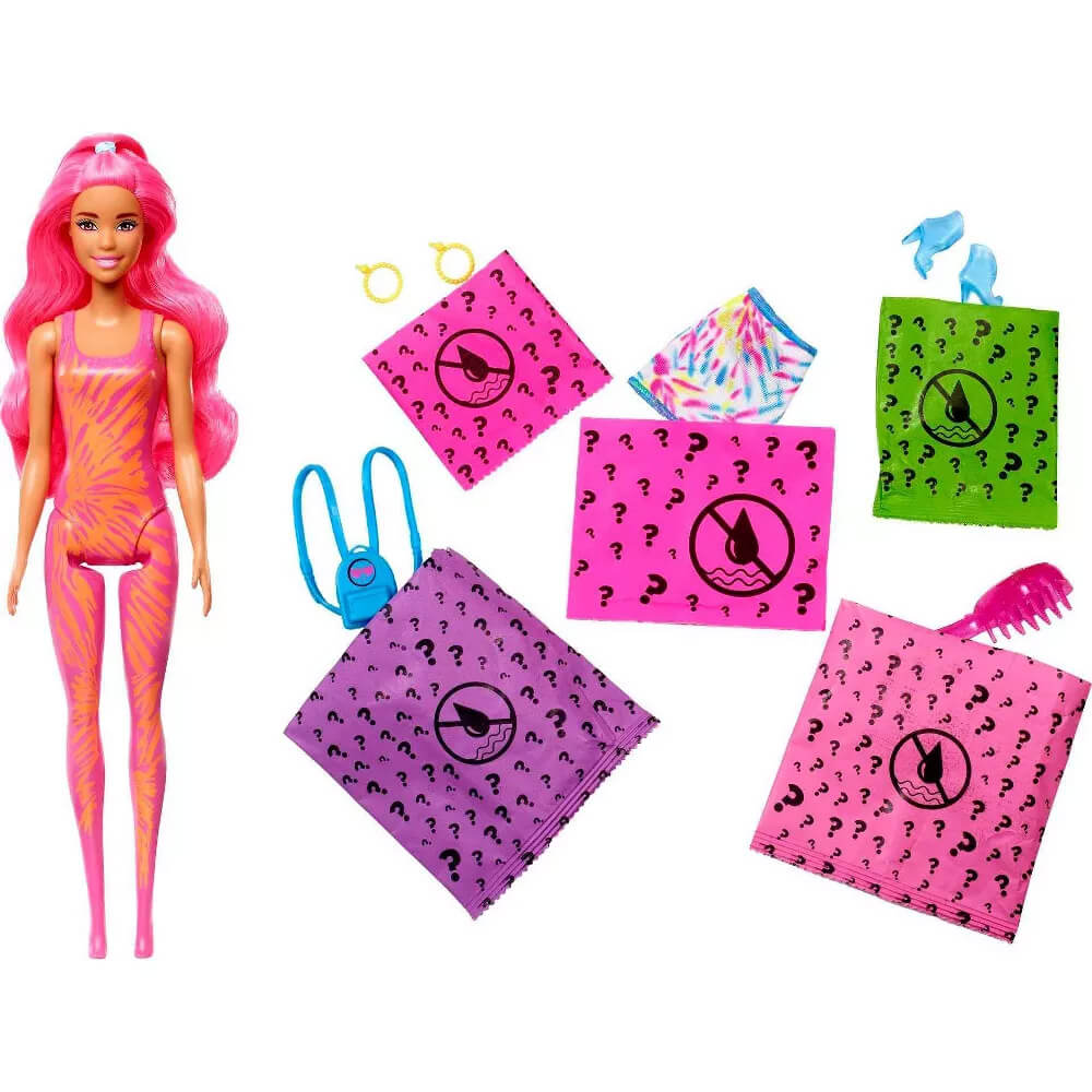 Doll and surprises from inside the Barbie Color Reveal Doll Surprise Tube