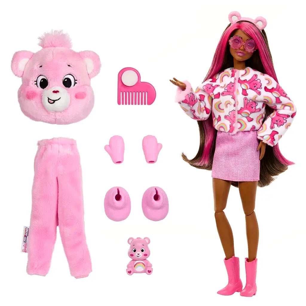 Barbie Cutie Reveal doll with costume pieces and accessories including pink jacket, skirt, boots, bear head, mittens, comb, and pet Care Bear figure with rainbow design.