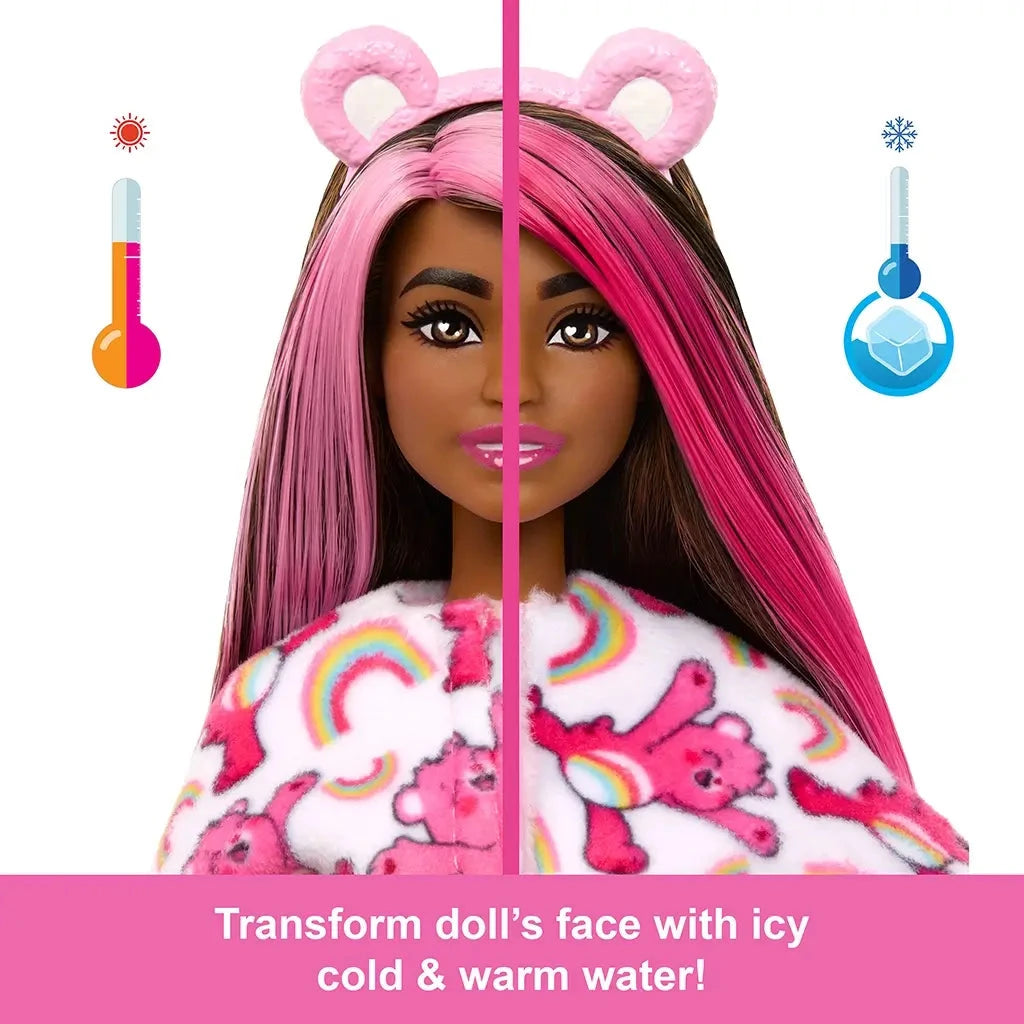Barbie Cutie Reveal doll shown in a split-face image with temperature icons, demonstrating face transformation feature using warm and icy cold water for surprise reveal.