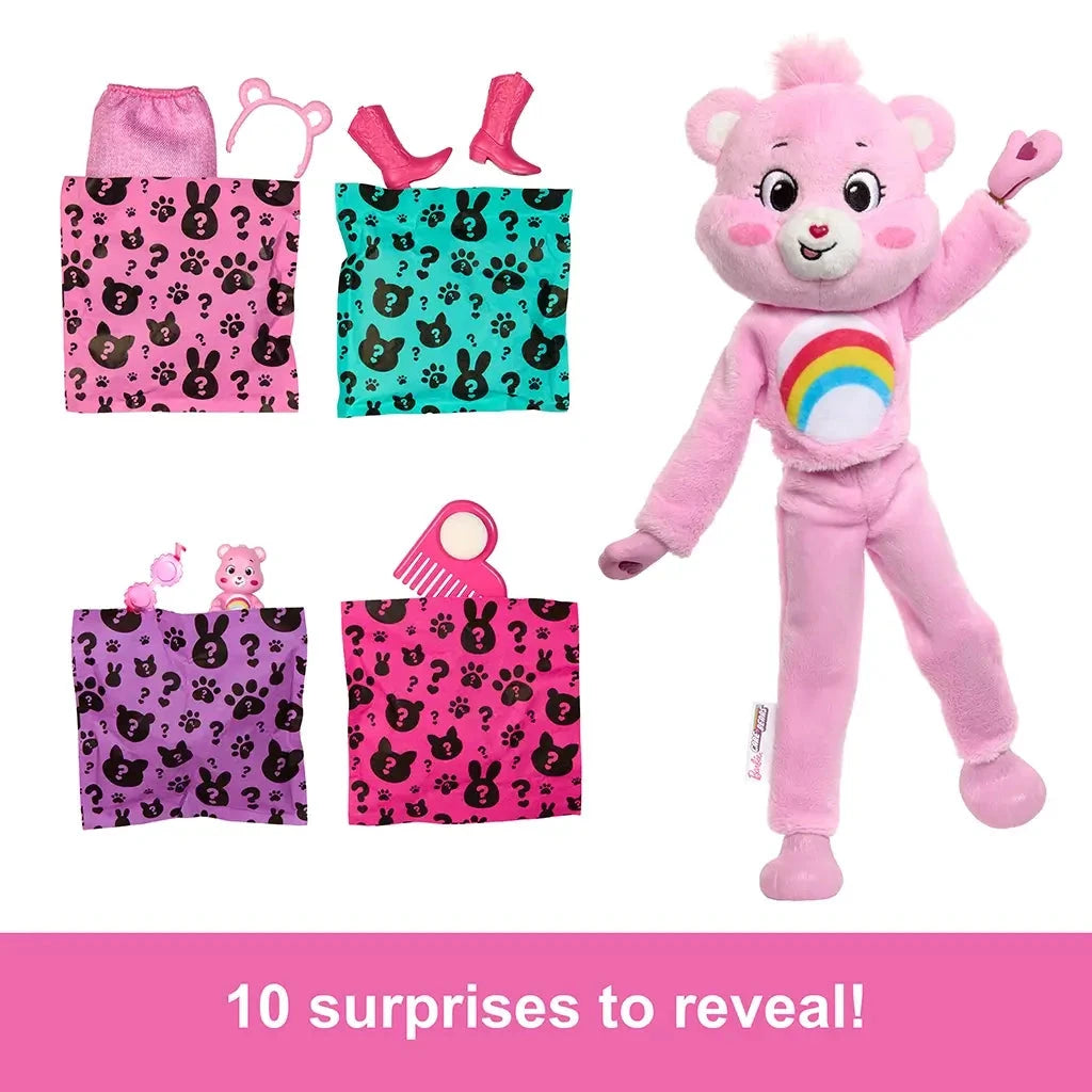 Barbie Cutie Reveal Care Bears doll in full Cheer Bear costume with 10 surprise accessories including clothes, shoes, hair comb, pet figure, and bear-themed items.