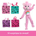Barbie Cutie Reveal Care Bears doll in full Cheer Bear costume with 10 surprise accessories including clothes, shoes, hair comb, pet figure, and bear-themed items.