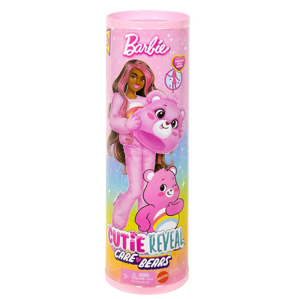 Barbie Cutie Reveal Care Bears doll in cylindrical packaging featuring illustrated Barbie in Cheer Bear costume, with pink bear and rainbow design prominently displayed.