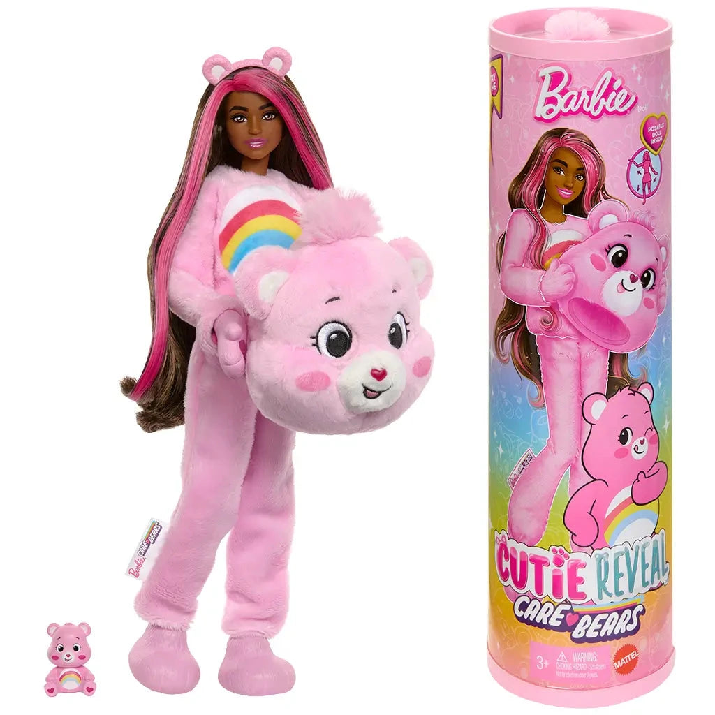Barbie Cutie Reveal doll with long hair wearing a pink Cheer Bear costume, holding plush bear head with rainbow belly design, next to included Care Bear figure and packaging.
