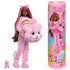Barbie Cutie Reveal doll with long hair wearing a pink Cheer Bear costume, holding plush bear head with rainbow belly design, next to included Care Bear figure and packaging.