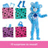 Barbie Cutie Reveal Care Bears Grumpy Bear doll in blue plush costume with surprise accessories including boots, comb, pet, and outfit pieces hidden inside colorful bags.