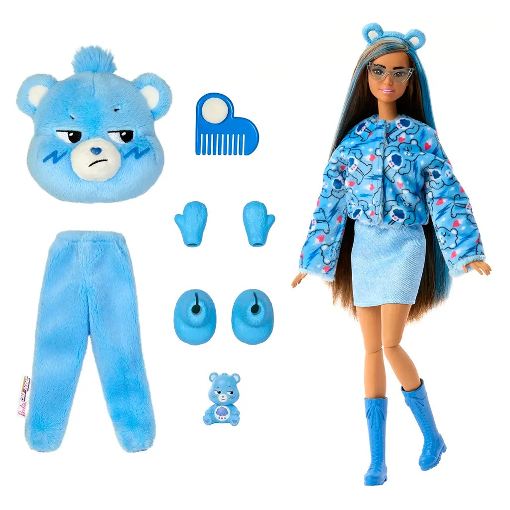 Barbie Cutie Reveal Care Bears Grumpy Bear doll styled with removable plush costume, skirt, boots, comb, mittens, bear ears, and mini pet figure for mix-and-match fashion play.