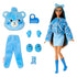 Barbie Cutie Reveal Care Bears Grumpy Bear doll styled with removable plush costume, skirt, boots, comb, mittens, bear ears, and mini pet figure for mix-and-match fashion play.