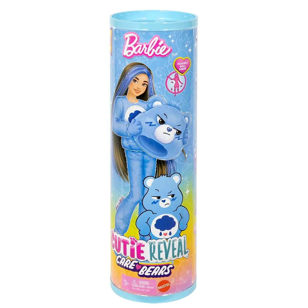 Barbie Cutie Reveal Care Bears Grumpy Bear doll packaging tube featuring illustrated Barbie in plush blue bear costume holding removable head, with colorful rainbow background design.