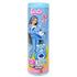 Barbie Cutie Reveal Care Bears Grumpy Bear doll packaging tube featuring illustrated Barbie in plush blue bear costume holding removable head, with colorful rainbow background design.