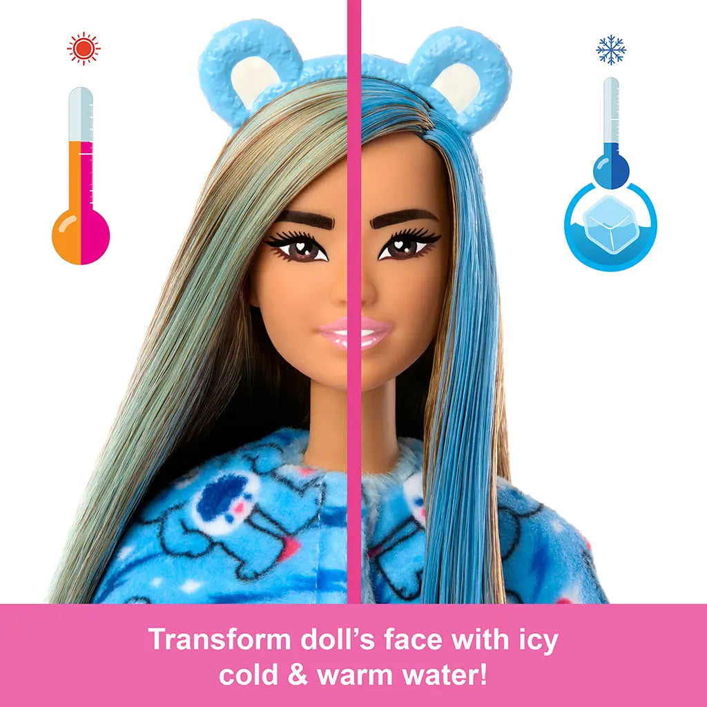 Barbie Cutie Reveal Grumpy Bear doll face transformation feature shown, changing appearance with icy cold or warm water, dressed in Care Bears-themed costume with blue headband.