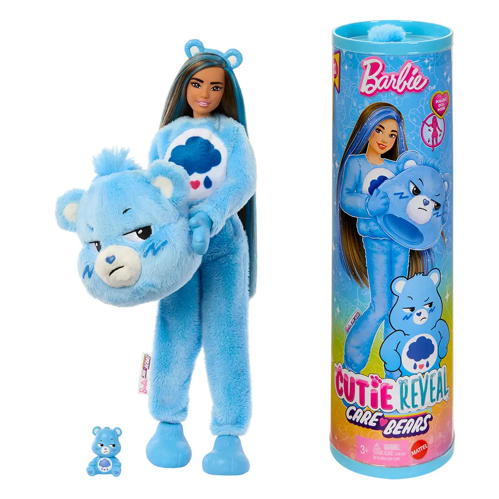 Barbie Cutie Reveal Care Bears Grumpy Bear doll in blue plush costume holding removable bear head, displayed with packaging tube and mini pet figure for unboxing fun play.